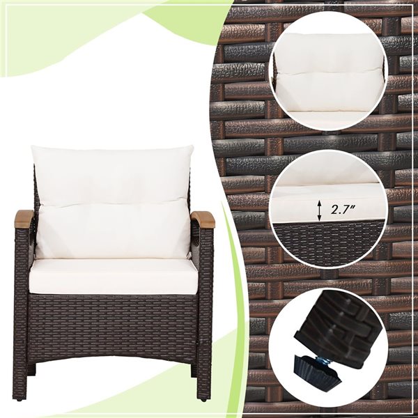 Costway 3-piece Rattan Patio Furniture Set Wooden Armrest Table Top Cushioned Deck