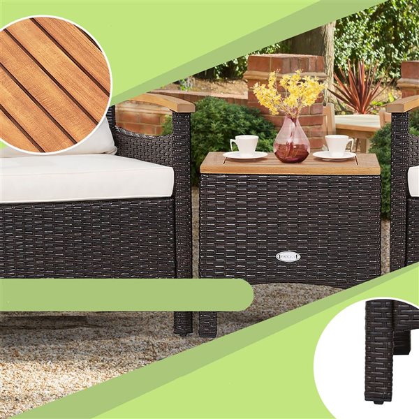 Costway 3-piece Rattan Patio Furniture Set Wooden Armrest Table Top Cushioned Deck