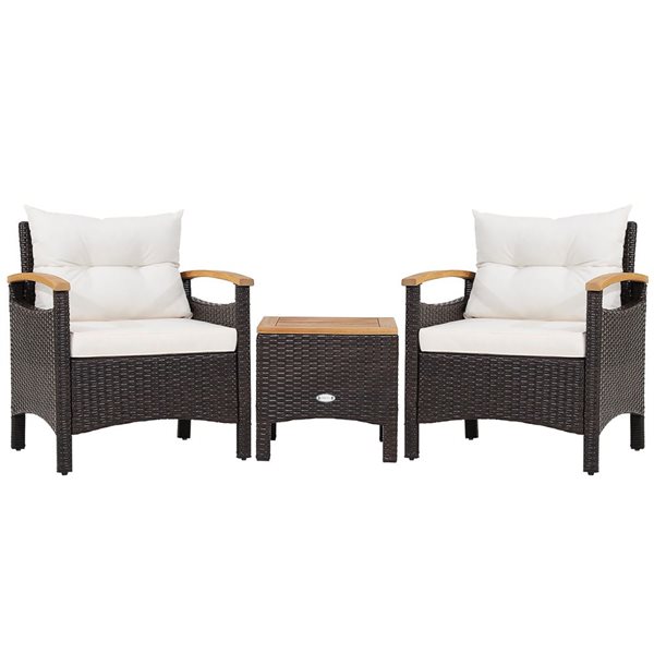 Costway 3-piece Rattan Patio Furniture Set Wooden Armrest Table Top Cushioned Deck