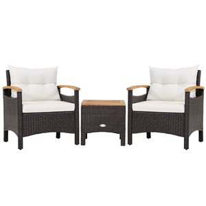 Costway 3-piece Rattan Patio Furniture Set Wooden Armrest Table Top Cushioned Deck