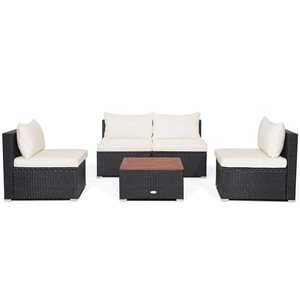 Costway 5-piece Rattan Patio Furniture Set Acacia Wood Table Top Sofa Cushion Deck