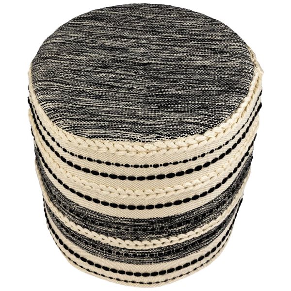 Northlight Striped Cream and Black Outdoor Woven Pouf Ottoman 18-in