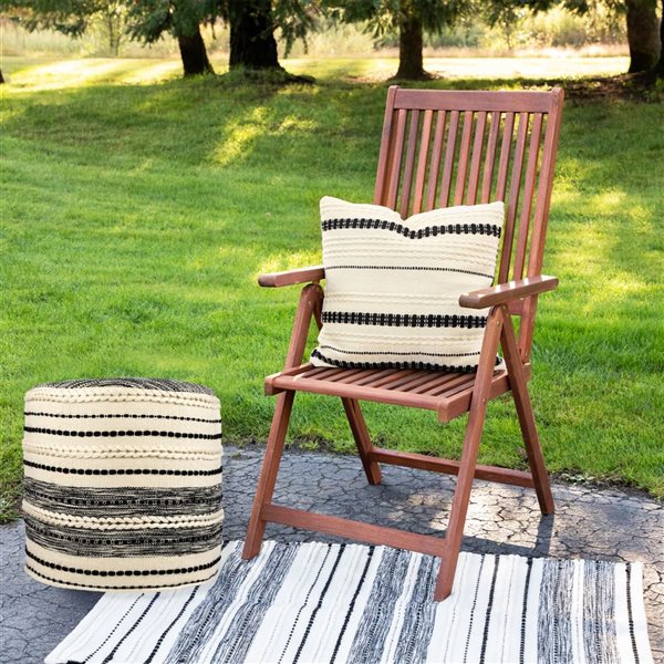 Northlight Striped Cream and Black Outdoor Woven Pouf Ottoman 18-in