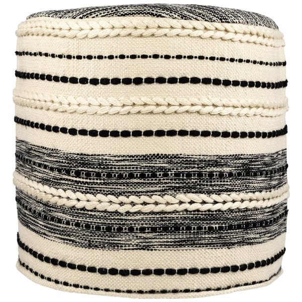 Northlight Striped Cream and Black Outdoor Woven Pouf Ottoman 18-in