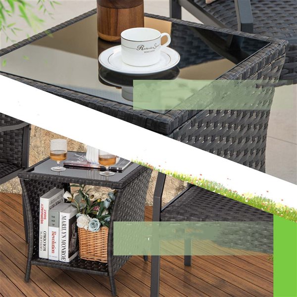 Costway 3 -piece Patio Conversation Set Wicker Chair Tempered Glass Table Cushioned Seat
