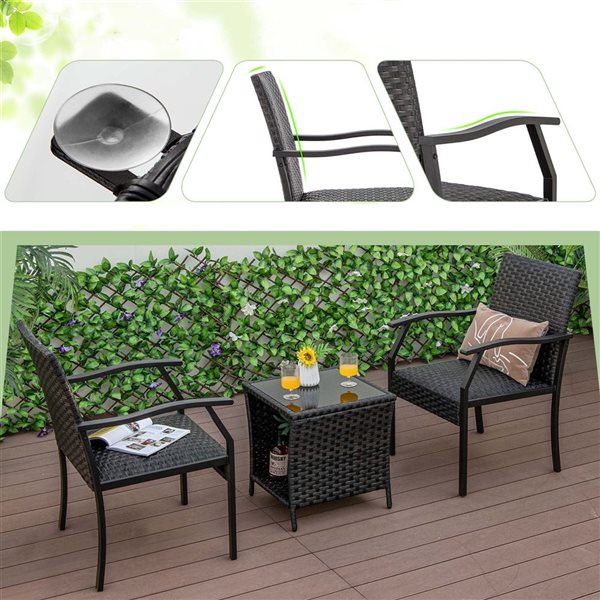 Costway 3 -piece Patio Conversation Set Wicker Chair Tempered Glass Table Cushioned Seat