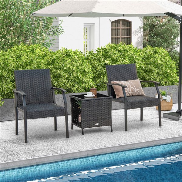 Costway 3 -piece Patio Conversation Set Wicker Chair Tempered Glass Table Cushioned Seat