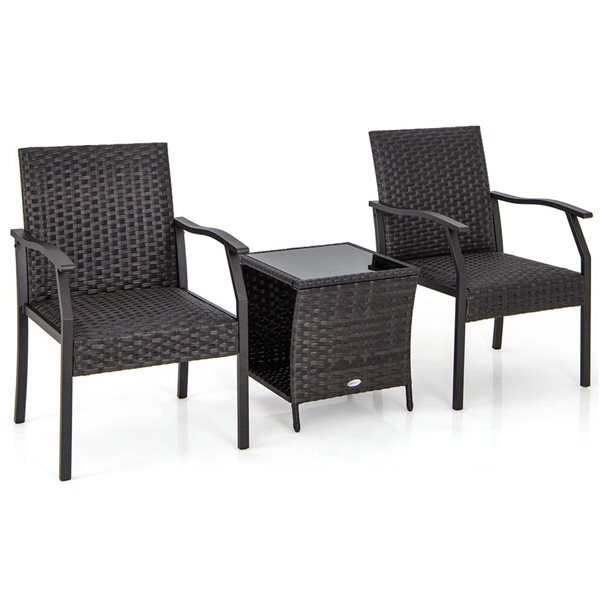Costway 3 -piece Patio Conversation Set Wicker Chair Tempered Glass Table Cushioned Seat