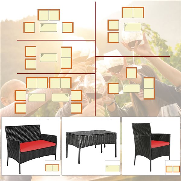 Costway 4-piece Rattan Patio Furniture Set Cushioned Sofa Coffee Table Backyard Porch Red