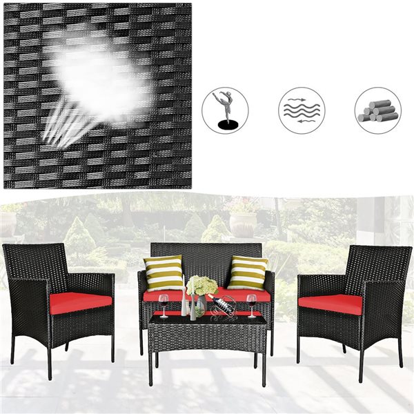 Costway 4-piece Rattan Patio Furniture Set Cushioned Sofa Coffee Table Backyard Porch Red
