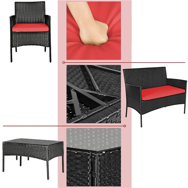 Costway 4-piece Rattan Patio Furniture Set Cushioned Sofa Coffee Table Backyard Porch Red