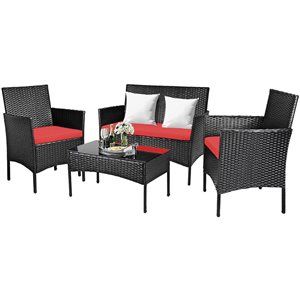 Costway 4-piece Rattan Patio Furniture Set Cushioned Sofa Coffee Table Backyard Porch Red