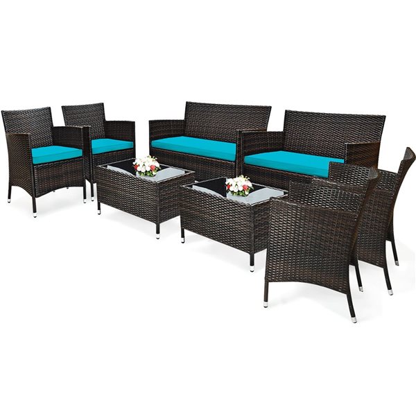 Costway 8-piece Rattan Patio Cushioned Sofa Chair Coffee Table Turquoise