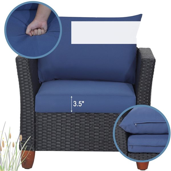 Costway 3-piece Rattan Patio Furniture Set Cushioned Sofa Storage Table Wood Top Navy