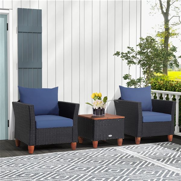 Costway 3-piece Rattan Patio Furniture Set Cushioned Sofa Storage Table Wood Top Navy