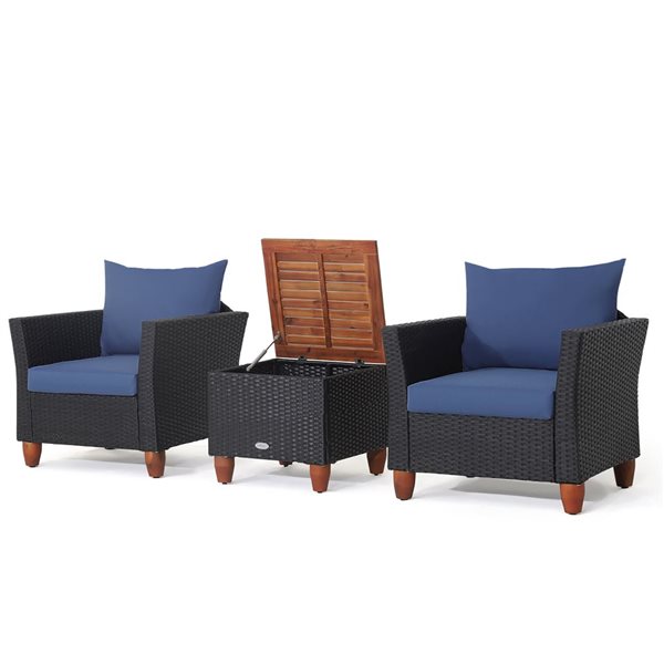 Costway 3-piece Rattan Patio Furniture Set Cushioned Sofa Storage Table Wood Top Navy