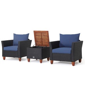 Costway 3-piece Rattan Patio Furniture Set Cushioned Sofa Storage Table Wood Top Navy