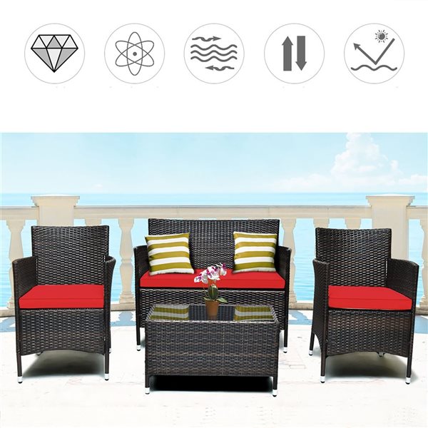 Costway 4-piece Rattan Patio Furniture Set Cushioned Sofa Chair Coffee Table Red