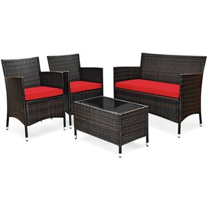 Costway 4-piece Rattan Patio Furniture Set Cushioned Sofa Chair Coffee Table Red