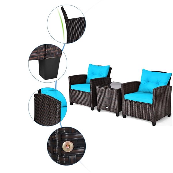 Costway 3-piece Rattan Patio Furniture Set Cushioned Conversation Set Sofa Turquoise