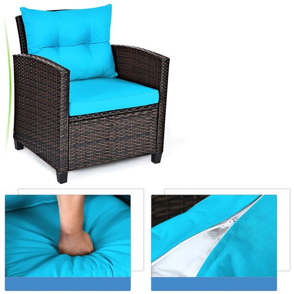 Costway 3-piece Rattan Patio Furniture Set Cushioned Conversation Set Sofa Turquoise