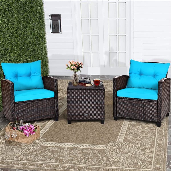 Costway 3-piece Rattan Patio Furniture Set Cushioned Conversation Set Sofa Turquoise