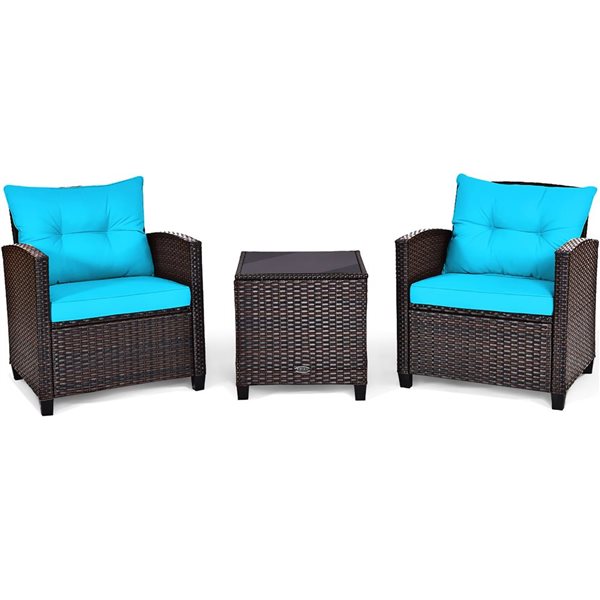 Costway 3-piece Rattan Patio Furniture Set Cushioned Conversation Set Sofa Turquoise