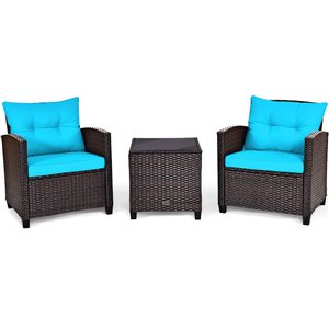 Costway 3-piece Rattan Patio Furniture Set Cushioned Conversation Set Sofa Turquoise