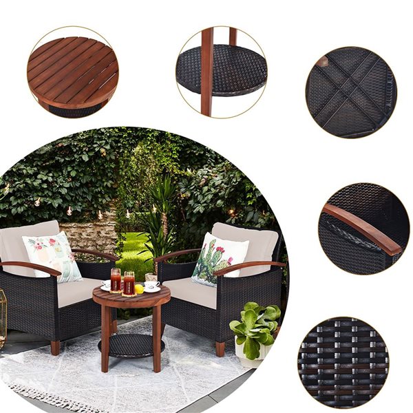 Costway 3-piece Patio Wicker Sofa Set Acacia Wood Frame with Beige &Turquoise Cushion Covers
