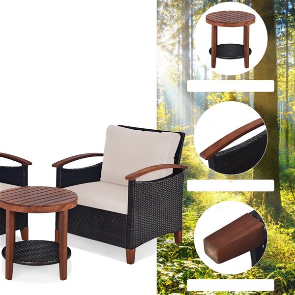 Costway 3-piece Patio Wicker Sofa Set Acacia Wood Frame with Beige &Turquoise Cushion Covers