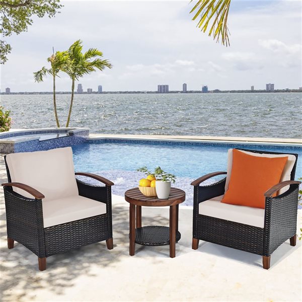 Costway 3-piece Patio Wicker Sofa Set Acacia Wood Frame with Beige &Turquoise Cushion Covers