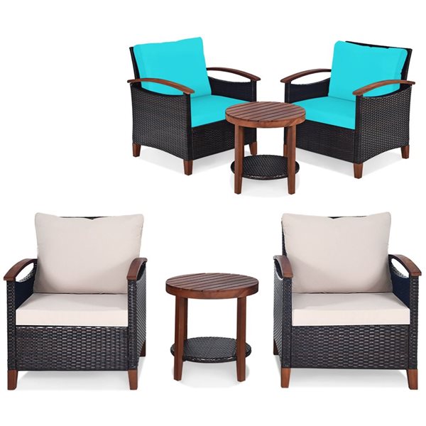Costway 3-piece Patio Wicker Sofa Set Acacia Wood Frame with Beige &Turquoise Cushion Covers