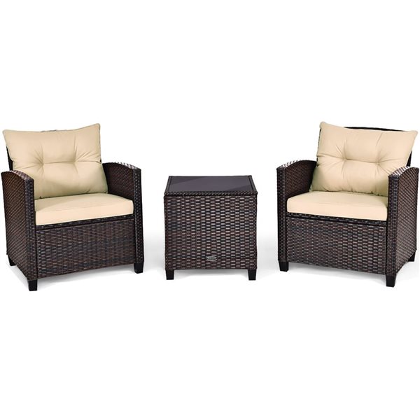 Costway 3 piece Rattan Patio Furniture Set Cushioned Conversation Set Sofa Coffee Table HW63759 RONA