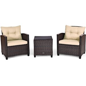 Costway 3-piece Rattan Patio Furniture Set Cushioned Conversation Set Sofa Coffee Table