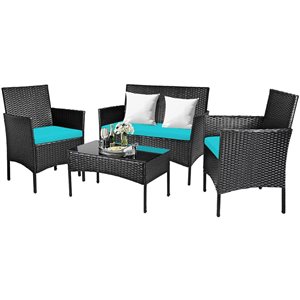 Costway 4-piece Rattan Patio Furniture Set Cushioned Sofa Coffee Table Backyard Turquoise