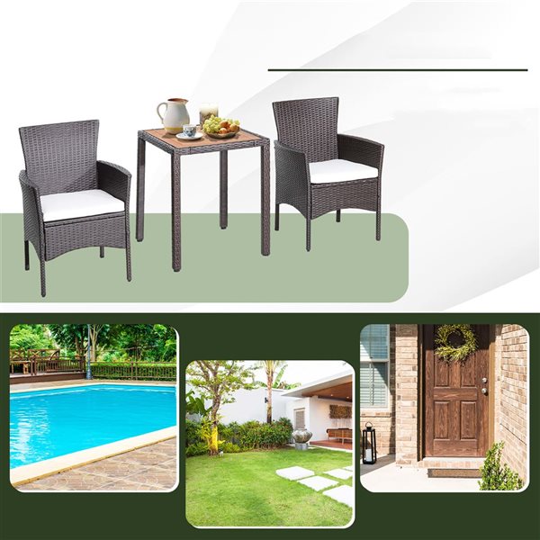 Costway 3-piece Patio Wicker Dining Set Acacia Wood Table Top with Cushioned Chairs Garden