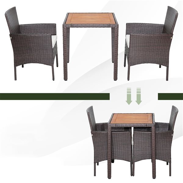 Costway 3-piece Patio Wicker Dining Set Acacia Wood Table Top with Cushioned Chairs Garden
