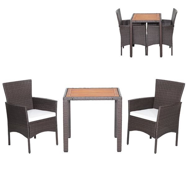 Image of Costway | 3-Piece Patio Wicker Dining Set Acacia Wood Table Top With Cushioned Chairs Garden | Rona