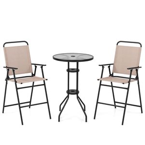 Costway 3-piece Patio Bistro Set Folding Chairs Round Bar Table with 1.6-in Umbrella Hole Yard