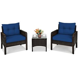Costway 3-piece Outdoor Rattan Conversation Set Patio Garden Cushioned Sofa Chair Navy