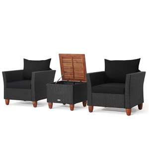 Costway 3-piece Rattan Patio Furniture Set Cushioned Sofa Storage Table with Wood Top Black