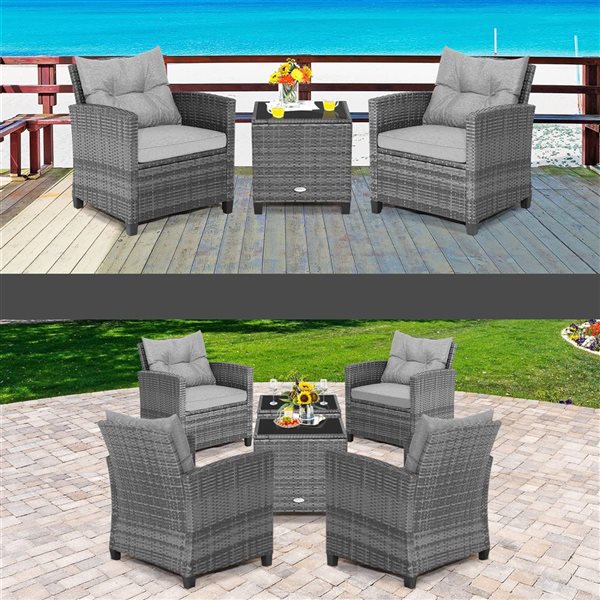 Costway 3 piece Rattan Patio Furniture Bistro Set Cushioned Sofas Side Table Armrest Grey