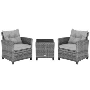 Costway 3-piece Rattan Patio Furniture Bistro Set  Cushioned Sofas Side Table Armrest Grey
