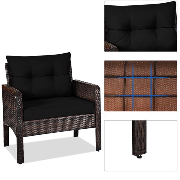 Costway 3-piece Outdoor Rattan Conversation Set Patio Garden Cushioned Sofa Chair Black