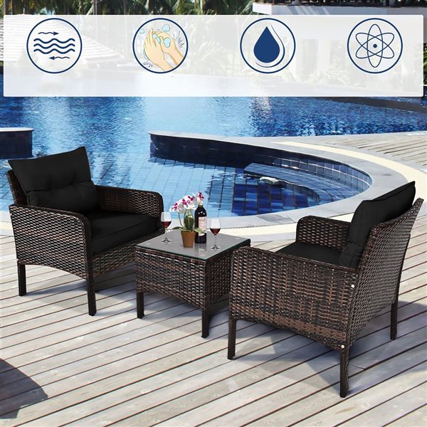 Costway 3-piece Outdoor Rattan Conversation Set Patio Garden Cushioned Sofa Chair Black