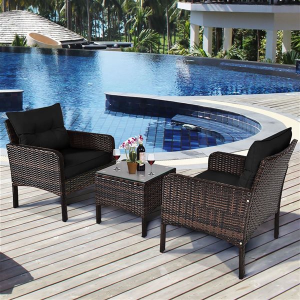 Costway 3-piece Outdoor Rattan Conversation Set Patio Garden Cushioned Sofa Chair Black