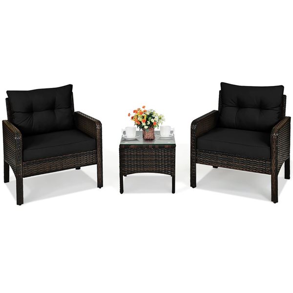 Costway 3-piece Outdoor Rattan Conversation Set Patio Garden Cushioned Sofa Chair Black