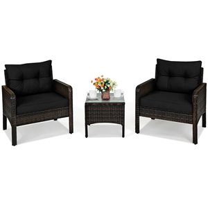 Costway 3-piece Outdoor Rattan Conversation Set Patio Garden Cushioned Sofa Chair Black