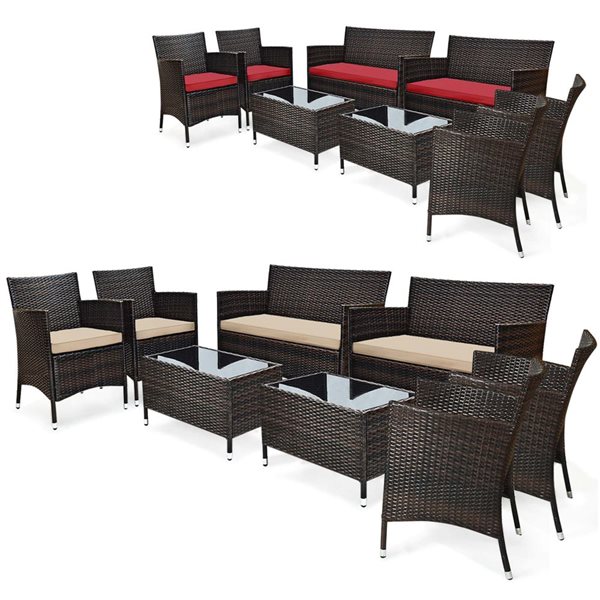 Costway 8piece Patio Wicker Furniture Set Sofa Chair with Brown & Red