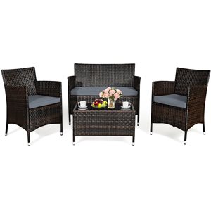 Costway 4-piece Rattan Patio Furniture Set Cushioned Sofa Chair Coffee Table Garden Grey